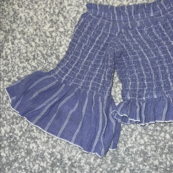 Free People Smock Around Striped Cropped Blouse Top Blue Bell Sleeves Medium - Picture 3 of 7